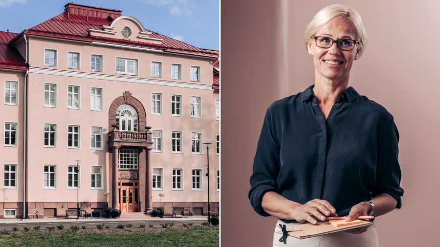 Kuvituskuvapari, jossa toisessa kuvassa on vanha kunnostettu kivitalo ja toisessa kuvassa on hymyilevä nainen, jolla on muistiinpanovälineet kädessään.