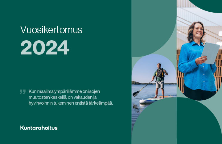 Vuosikertomuksen kansi. Teksti: vuosikertomus 2024. Sitaatti: Kun maailma ympärillämme on isojen muutosten keskellä, on vakauden ja hyvinvoinnin tukeminen entistä tärkeämpää.